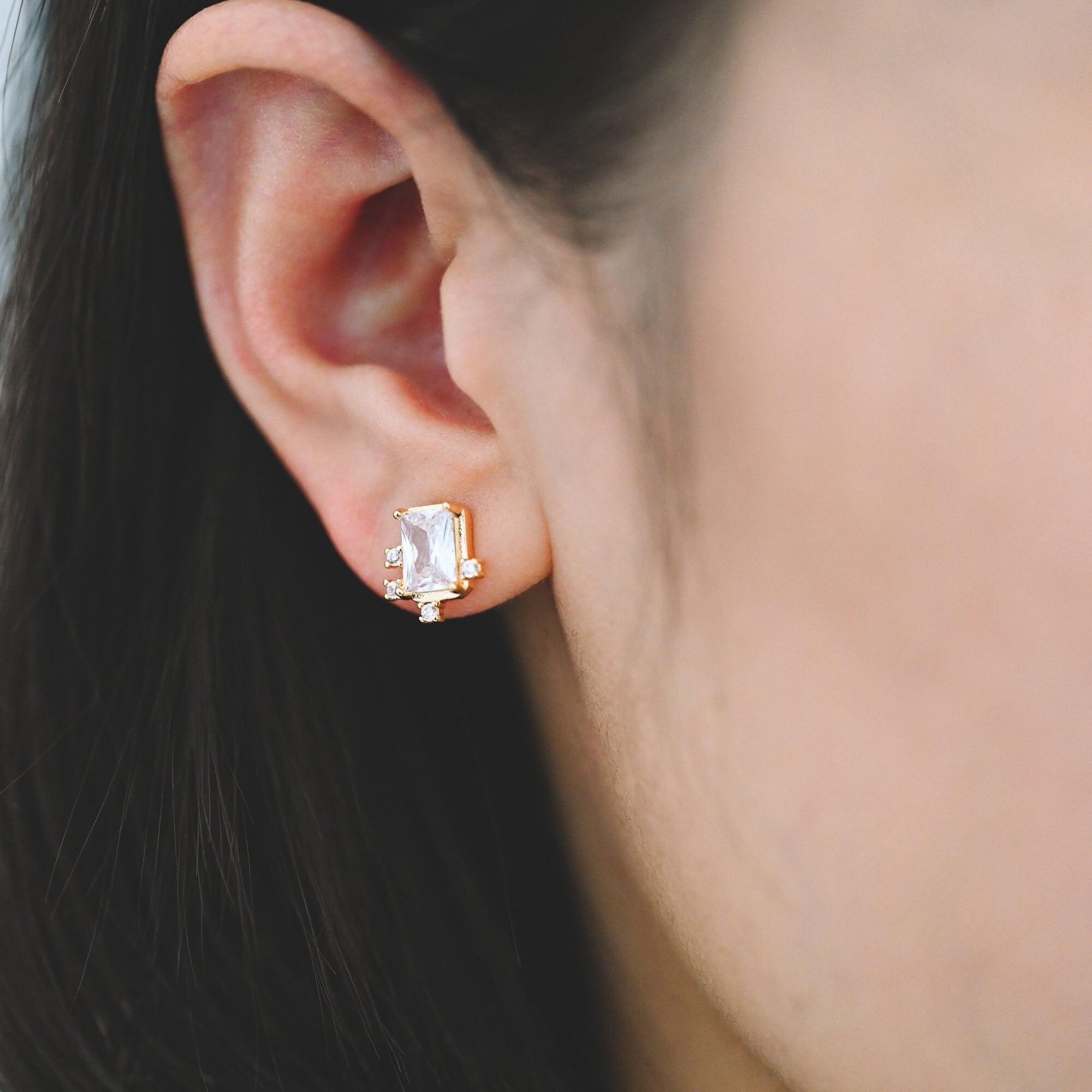 4pcs CZ Pave Rectangle Earrings, 11x10mm, Real Gold Plated Brass, Dainty Geometric Earring Studs (#GB-4241)